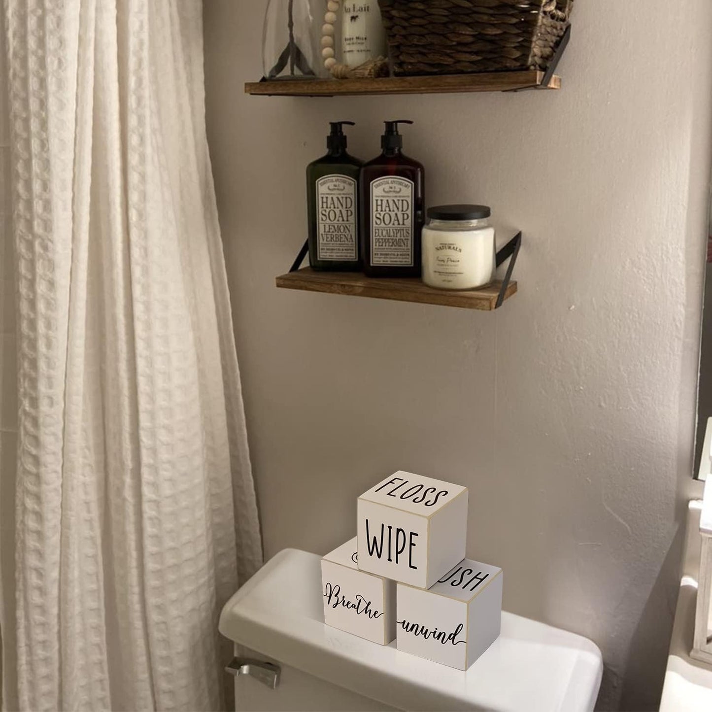 Farmhouse Funny Bathroom Decor, 4-Sided Wooden Blocks, Country Rustic Cute Bathroom Sign for Shelf, Black and White House Home Decorations Accents, 2.8