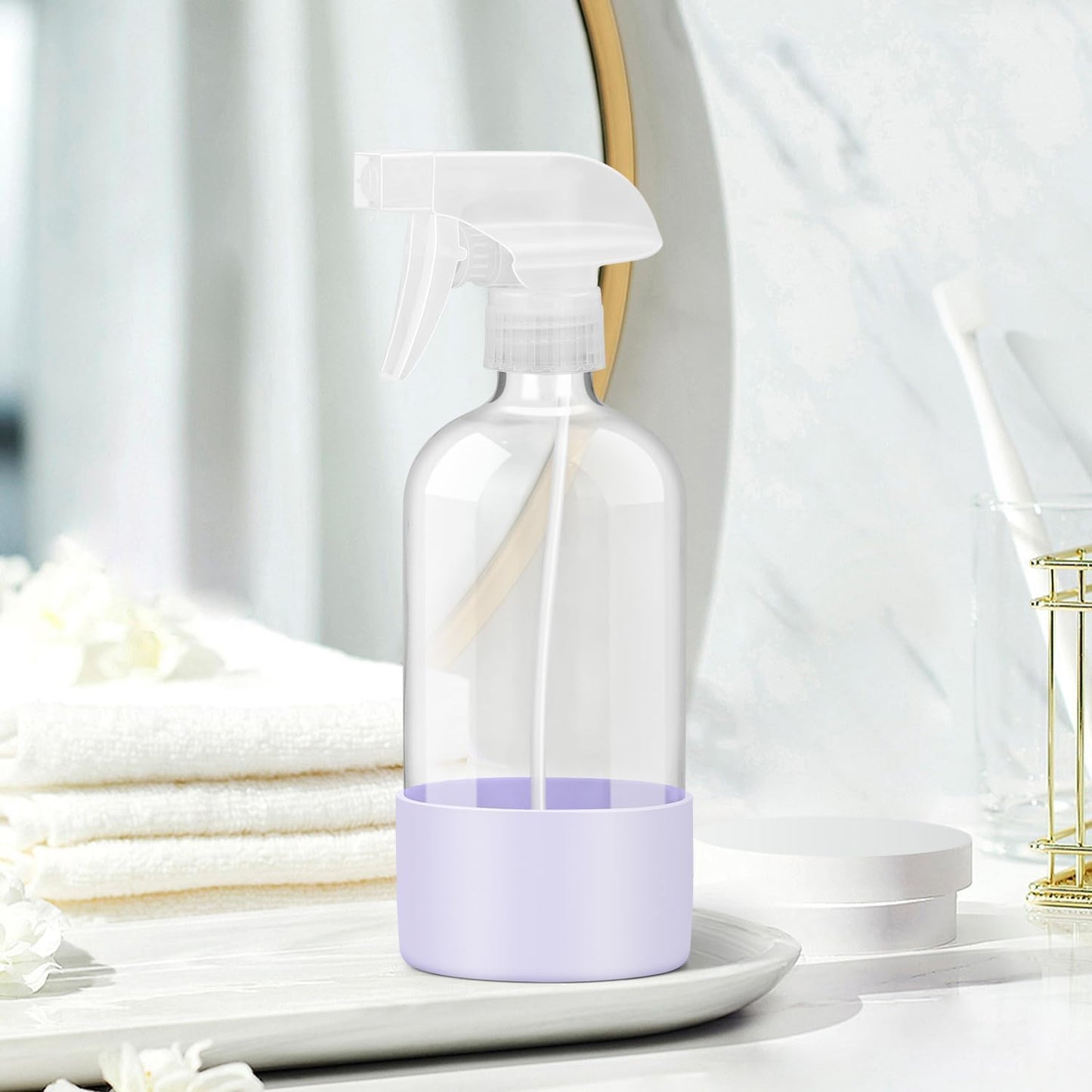 Glass Spray Bottles with Silicone Sleeve Protection, Empty 16 oz Refillable Containers, Reusable Spray Bottles with Adjustable Nozzle for Hair, Cleaning Solutions, 3 Pack Grey&Blue&Purple