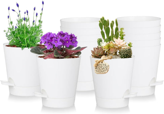 12 Pack 4 Inch Self Watering Plant Pots with Drainage and Saucers，Plastic Flower Pots for Indoor and Outdoor Plants, Nursery Planters for Houseplants and Herbs White, 4 inch 12pcs