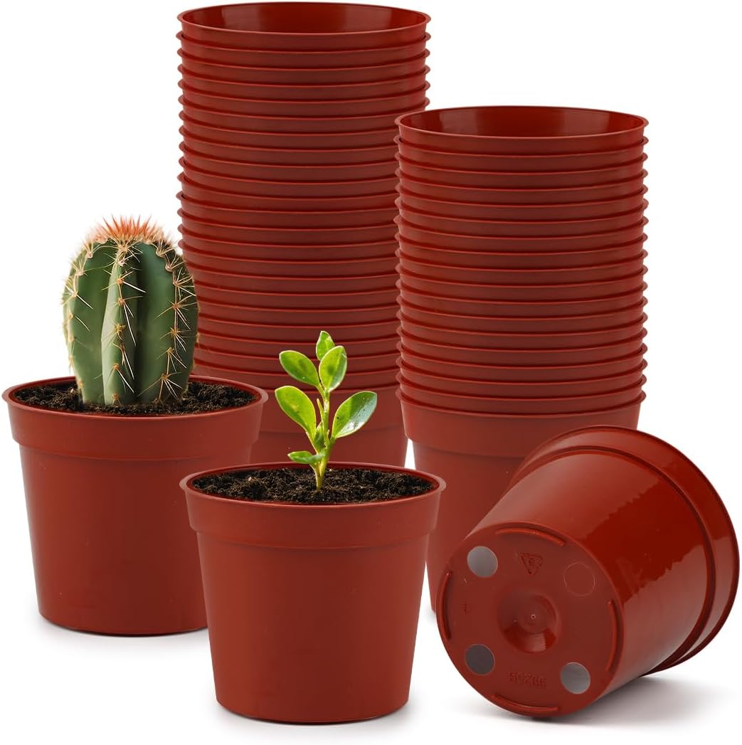 50 Pack 3.3 Inch Plastic Plant Nursery Pots, Seedling Pots with Drainage Holes, Seed Starting Pots, Small Plant Pot for Planting Flowers Indoor Outdoor, Red