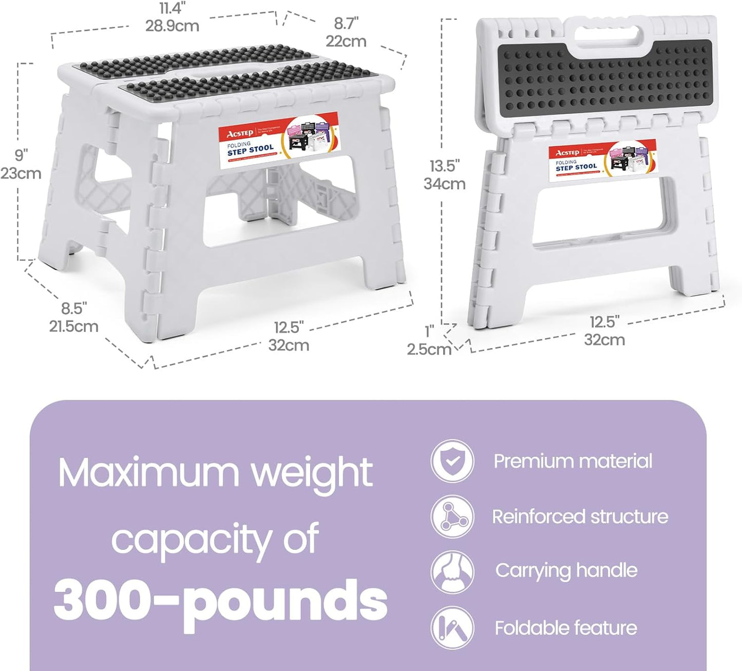 ACSTEP 9 Inch Folding Step Stool 300 LB Capacity Non Slip Foot Stool with Handle Plastic Foldable Step Stools for Kids Stepping Stool for Bathroom Black Small Step Stool (1 PC White)