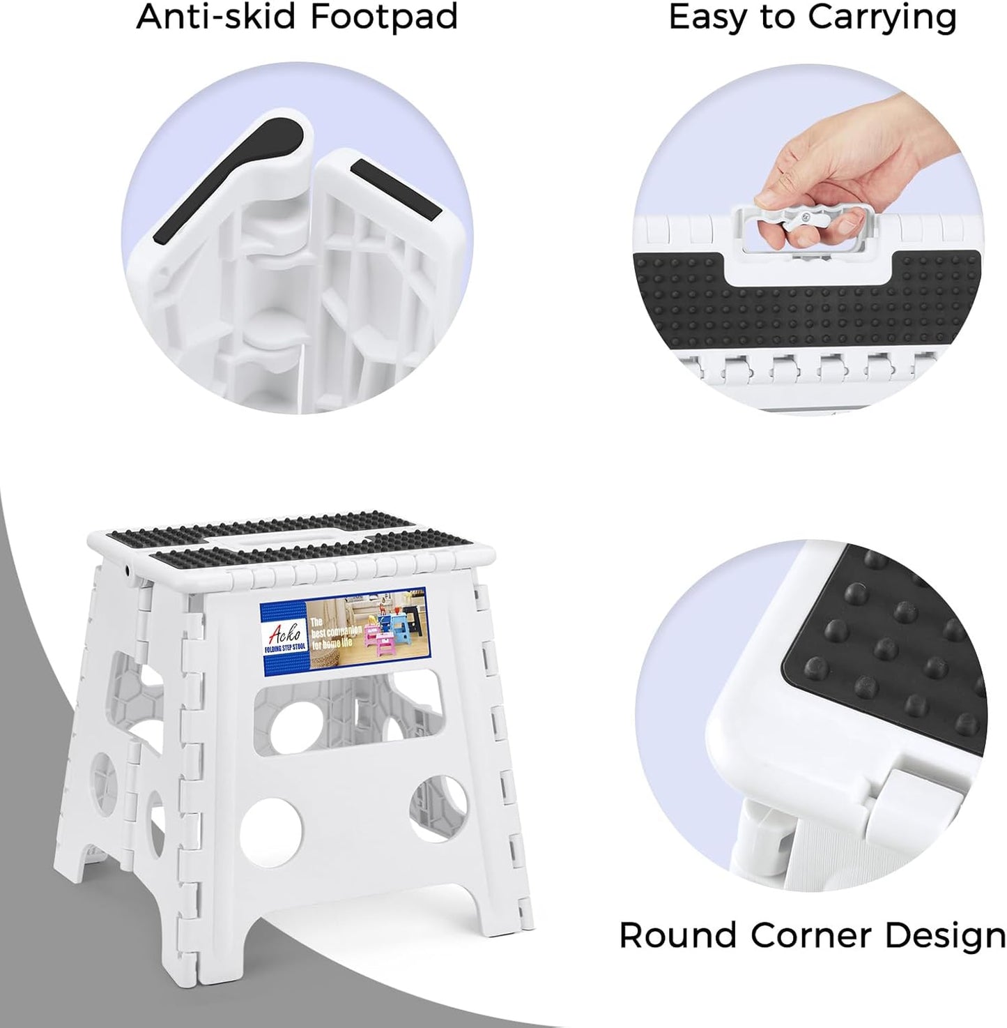 ACKO Folding Step Stool - 13" Height Premium Heavy Duty Step Stools for Adults and Kids, Upgrade Step Stool Kitchen Garden Bathroom Stepping Stool (White)