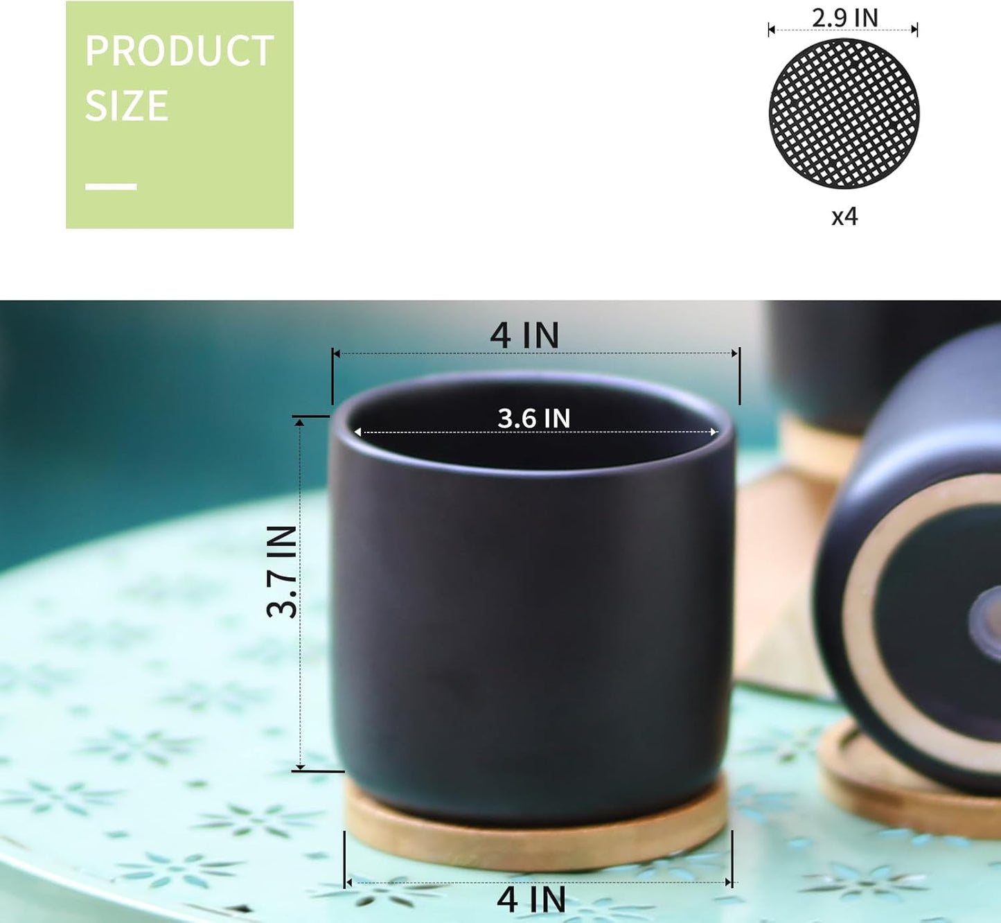 4 Inch Ceramic Plant Pots with Drainage Holes and Trays, Adorable Small Cylinder Flower Planter Pot for Indoor Plants, Succulent, Snake Plants, Cactus & Herbs, Black, Set of 4