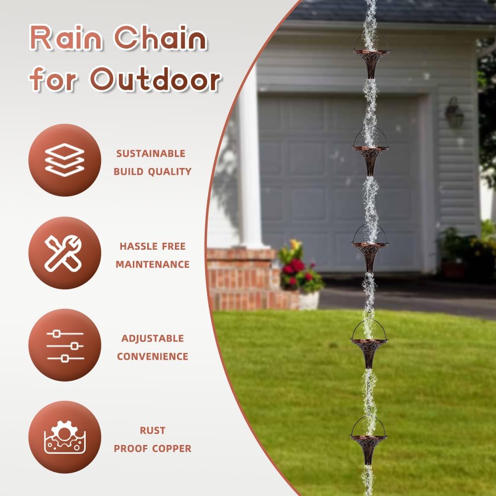 9.7ft Outdoor Rain Chain with 10 Funnel Shaped Cups Adjustable Rain Chain for Gutters, Eaves, Drains, Replacement Downspouts