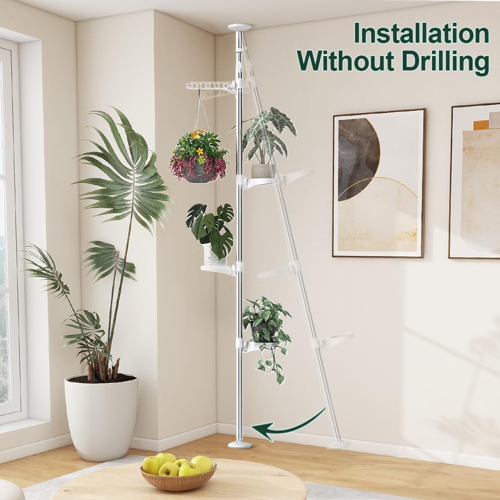 Hershii 4-Tier Indoor Plant Stand Tension Pole Corner Standing Shelf Adjustable Stands for Flower Pots Windowsill Bathroom Vanity Display Rack - Ivory