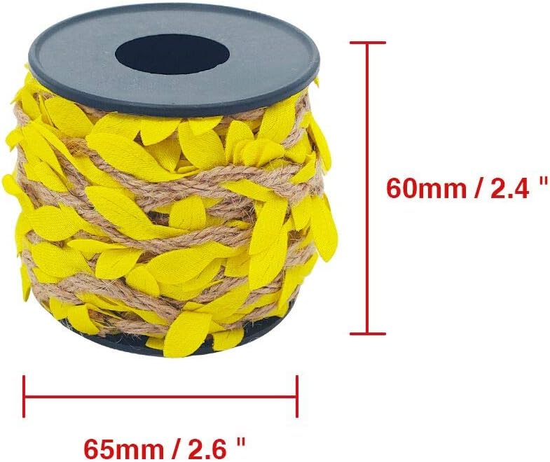 66 Feet Total Burlap Yellow Leaf Ribbon 2 Rolls 5mm Natural Jute Vine with Artificial Leaves Ribbon for Crafts Jungle Party Wedding Garden Home Decoration Twine