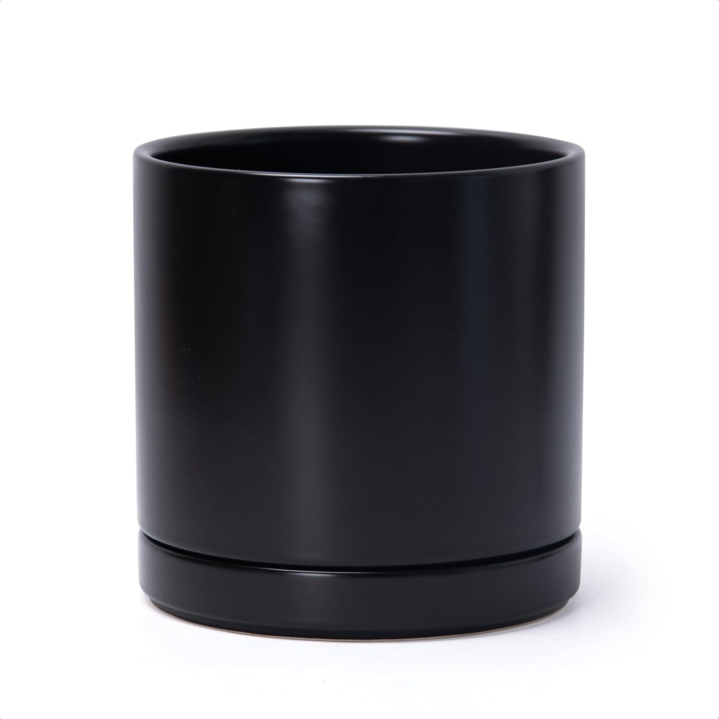 D'vine Dev 8.2 Inch Ceramic Planter Pot with Drainage Hole and Saucer, Indoor Cylinder Round Planter Pot, Black, 94-O-D-2