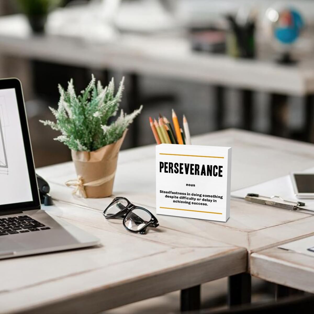 Perseverance Noun Entrepreneur White Wooden Box Sign, Inspirational Office Decor Decorative Table Shelf Desk Decor, Rustic Workplace Farmhouse Home Counter Decor Office Decorations Desk Accessories