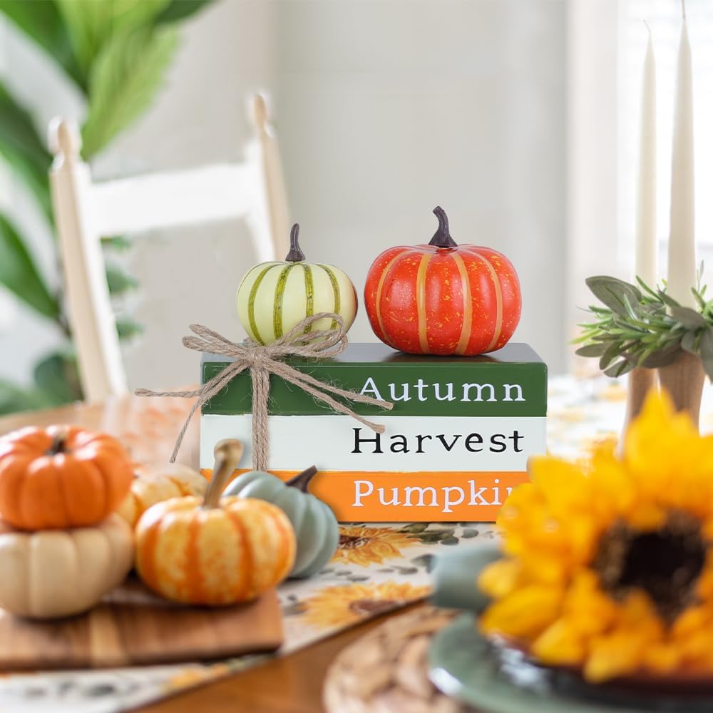 DECSPAS Fall Decorations for Home, Autumn Harvest Wooden Stacked Books Sign with Pumpkins & Bow for Fall Decor, Thanksgiving Tabletop decorations for Tiered Tray, Shelf, Table, Mantle, Fireplace