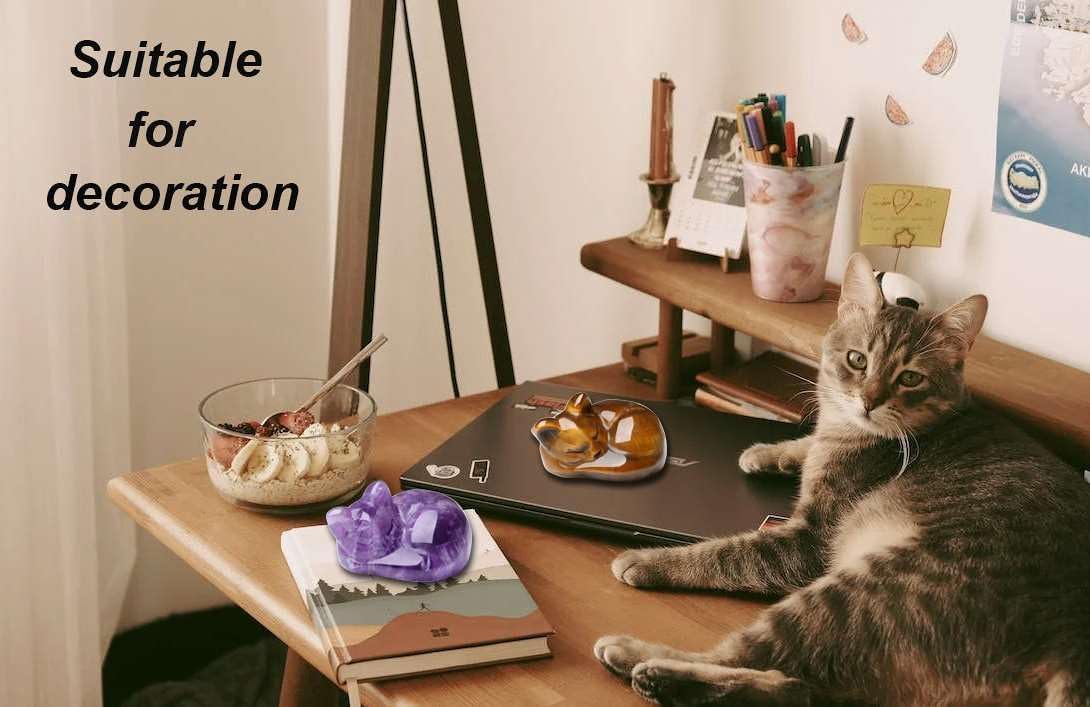 LAIDANLA Amethyst Cat Healing Crystals Figurine Sleeping Cat Hand Carved Cute Statue Polished Stone Sculpture Reiki Office Room Bedroom Desk Home Decoration Gifts 1.6"