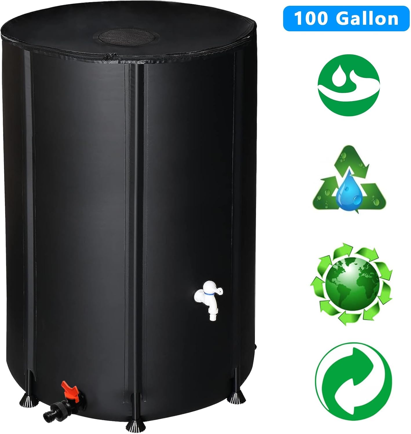 100 Gallon Collapsible Rain Barrel, Portable Rainwater Collection System, Water Storage Tank, Rain Catcher Barrel with Two Spigots and Overflow Kit, Rain Water Barrel Collector for Garden, Black