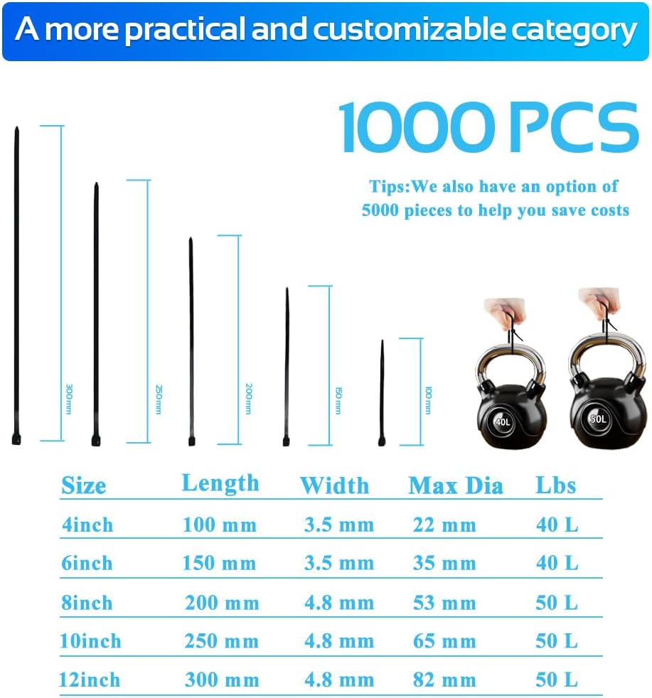 1000pcs 12Inch Nylon Zip Ties, 50 Pounds Tensile Strength, Black Cable Tie,Industrial Grade, UV Resistant,Heavy Duty,for Home,Garden Trellis,Office,Garage and Workshop