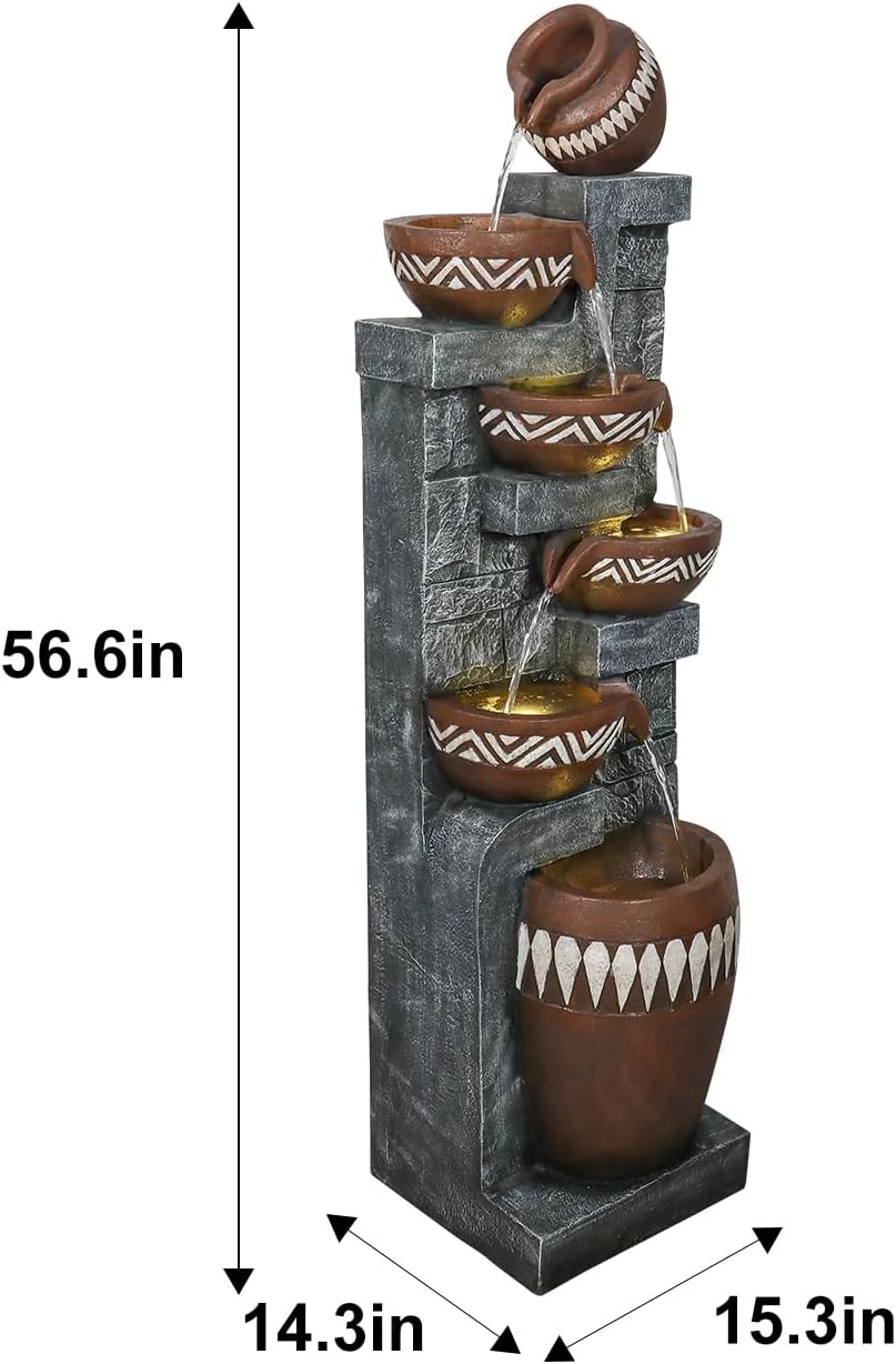 56.6" H 6-Tier Outdoor Water Fountain with LED Lights - Tall Cascading Jars Waterfall Feature with Tribal-Inspired Design for Garden, Patio, Yard, and Home Décor
