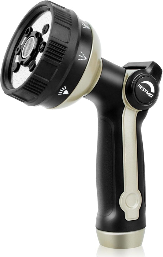 RESTMO Full Shower Hose Nozzle, Metal Spray Nozzle for Garden Hose, 8 Spray Patterns, Water Hose nozzle with Thumb Control, Ideal for Outdoor Lawn & Plant Watering, Car & Pet Washing, Bronze