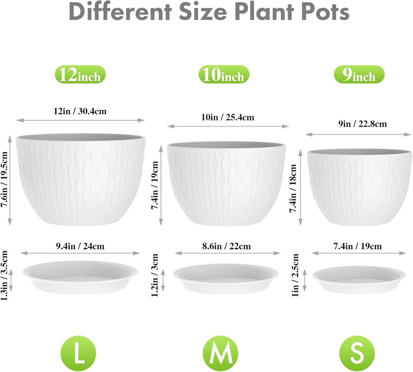 12/10/9 inch Large Plant Pots, 3 Pack Wide Flower Pots for Outdoor Indoor Plants with Water Ripples, Big Plastic Planters with Drainage Holes and Saucers for Garden House Plants, White