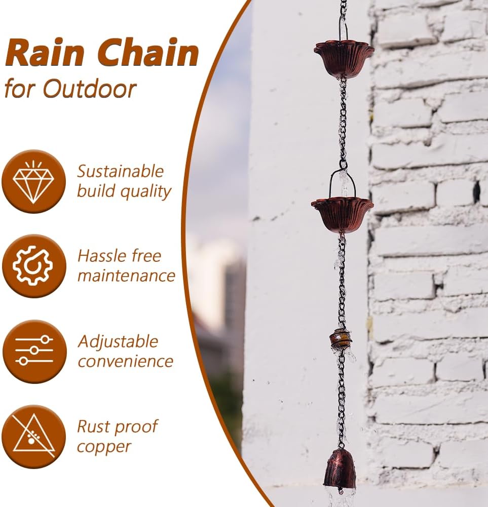 10FT Rain Chain, Lotus Rain Chains for Gutters with 12 Cups, Adjustable Rain Catcher Chain for Outside, Replacement Downspout for Gutters, Eaves, Drainage