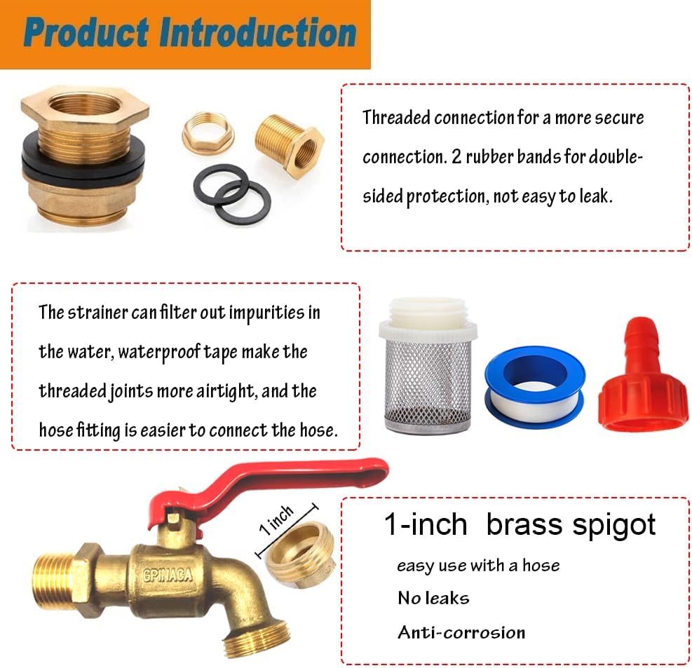 Rain Barrel Spigot, Brass Faucet Kit for Rain Water Barrel, Water Tanks, Tubs, Pools Etc, Turn Ball Valve Rain Barrel Spigot with Bulkhead Fitting Set, Hose Adapter, Filter Mesh and Tape