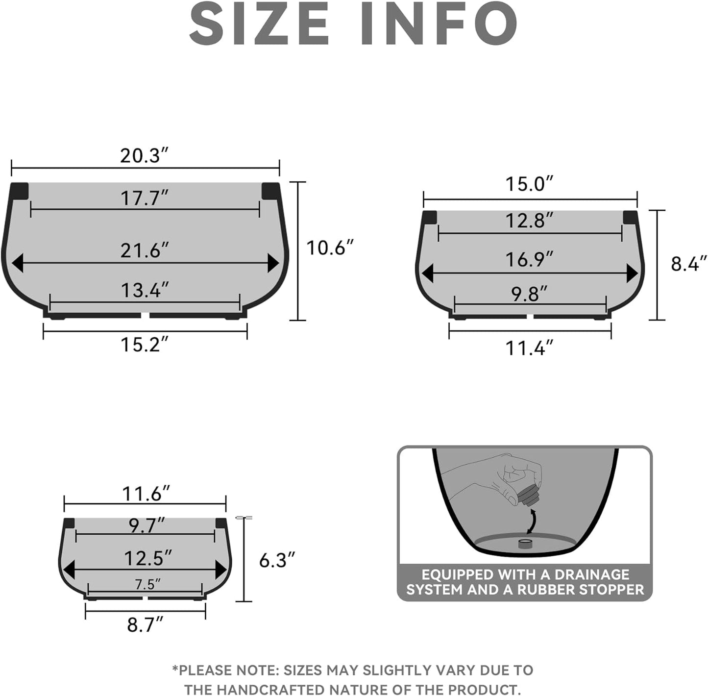 Kante 21.6",16.9",and 12.5" Dia Round Charcoal Elegant Planters (Set of 3), Outdoor Indoor Garden Plant Pot with Drainage Hole and Rubber Plug for Home & Patio