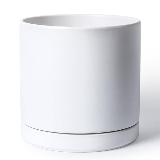 D'vine Dev 12 Inch Ceramic Planter Pot with Drainage Hole and Saucer, Indoor Cylinder Round Planter Pot, White, 94-O-F-1