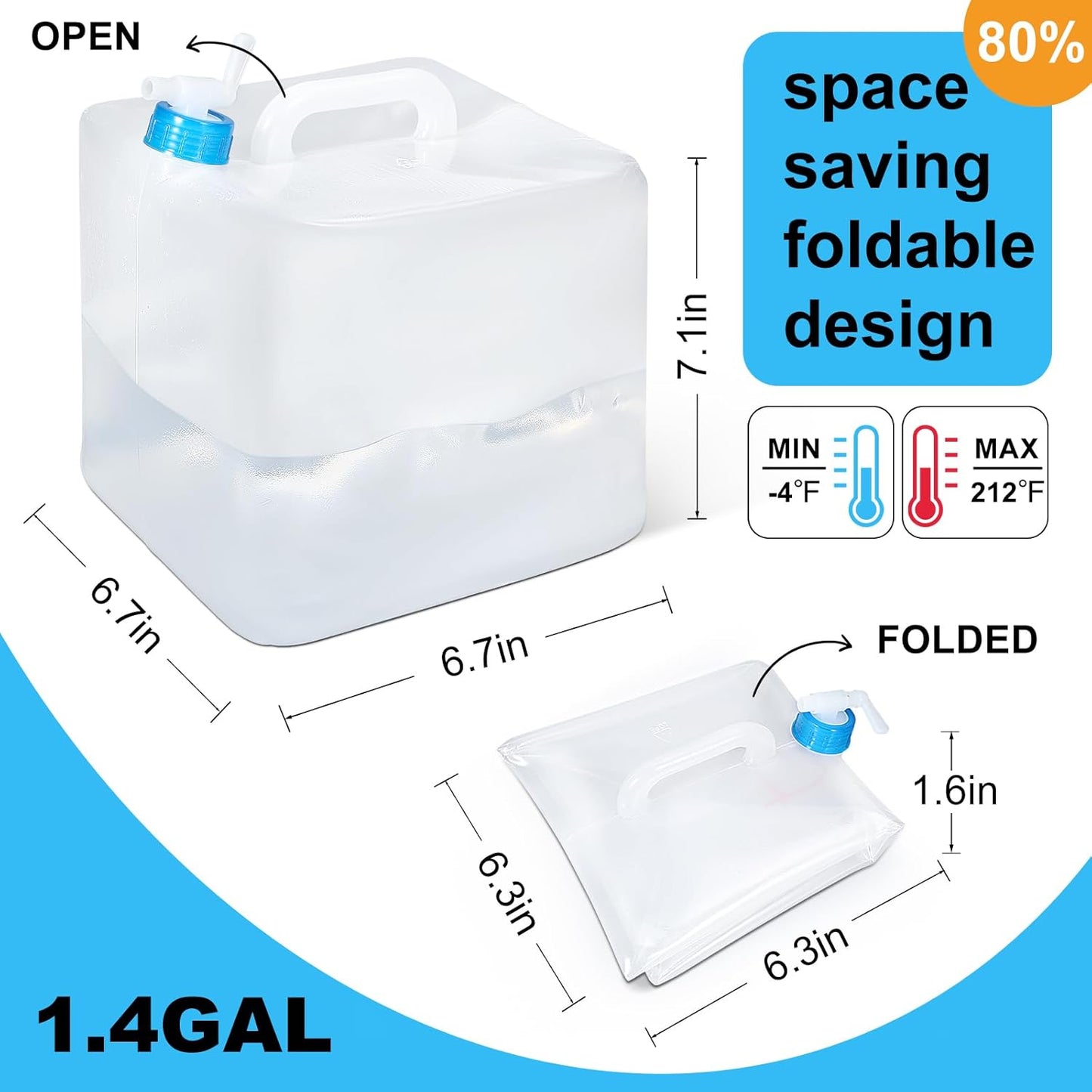 2 Pack Collapsible Water Container with Spigot, Foldable Cube Water Jugs Portable Water Storage for Outdoors Camping Hiking Disaster Preparedness & Survival Gear 1.4/2.6/4/5.3 Gallon