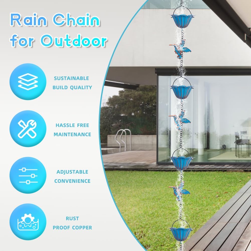 13.4FT Rain Chain, Hummingbird Rain Chains for Outside, Copper Rain Chain Bell with 12 Cups, Decorative Rain Catcher Chain Replacement Downspout for Gutters