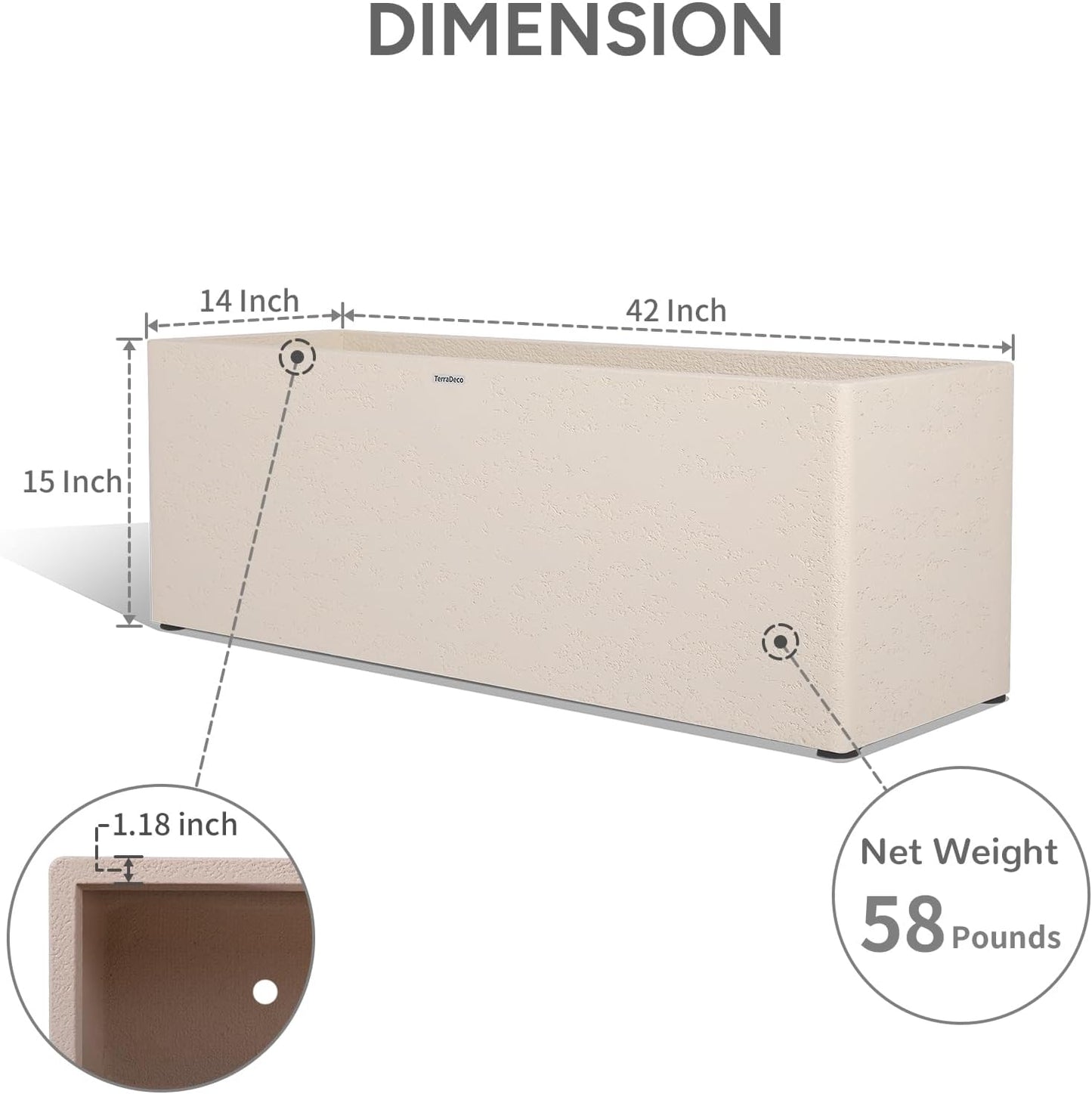 42 Inch Rectangular Concrete Planter（42Lx14Wx15H，58 Pounds）,Durable All-Weather Use with Drainage Holes,Large Rectangular Planter for Outdoor Indoor Plants