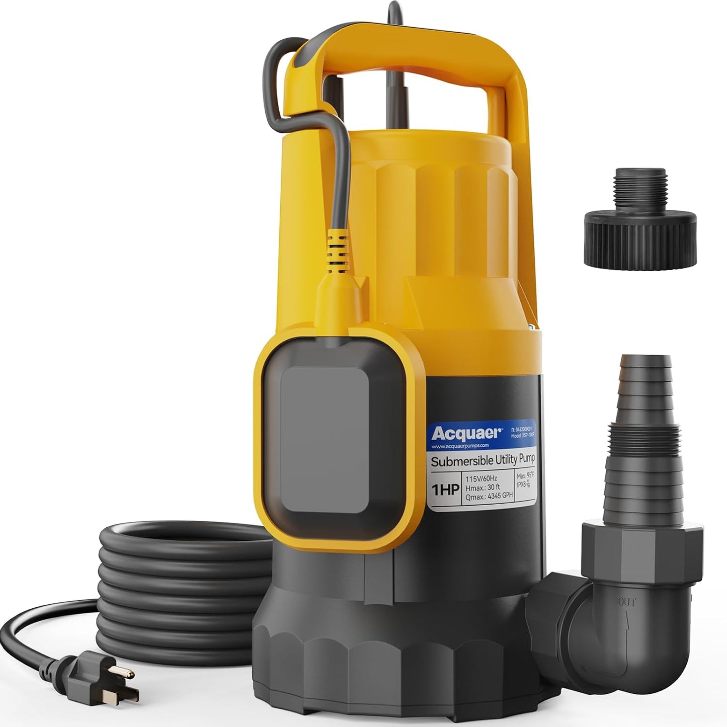 Acquaer 1HP Utility Pump 4345GPH Submersible Sump Pump with Automatic Float Switch, Water Removal for Hot Tub, Pools, Basements, Garden Pond