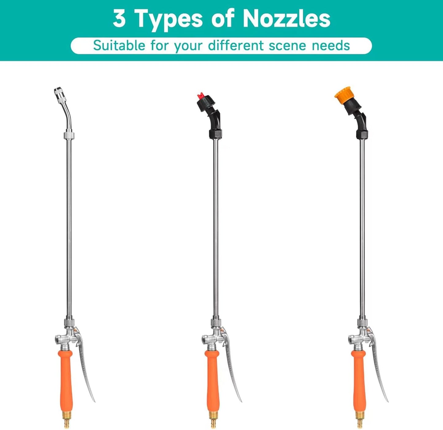 All Metal Sprayer Wand with 3 Types of Nozzles, Fan Nozzle Replacement Sprayer Wand, Stainless Steel Sprayer Wand with 1/4" & 3/8" Brass Barb and 2 Hose Clamps (3 Nozzles 29 Inches Sprayer Wand)