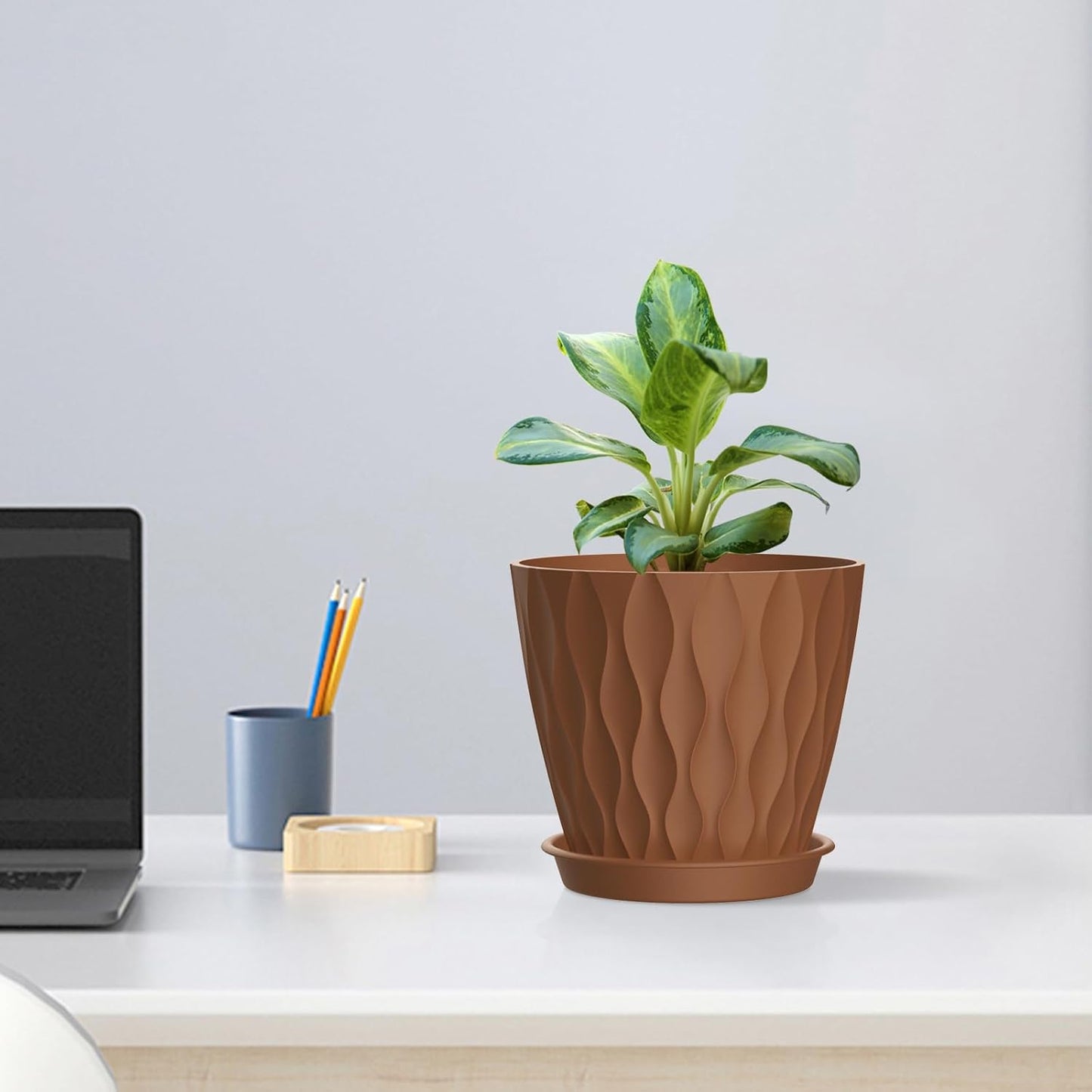 6 inch Plant Pots, 5 Pack Water Ripple Flower Pots for Indoor Outdoor Plants, Plastic Planters with Drainage Holes and Saucers, Nursery Pots for Small Succulent Garden House Plants, Multicolor