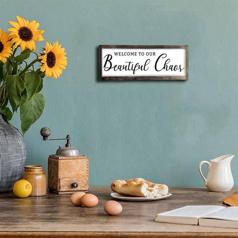 Dazingart Welcome To Our Beautiful Chaos Sign, Farmhouse Wood Sign, Framed Home and Living Room Decor Housewarming Gift Spring Home Decor (Beautiful Chaos)