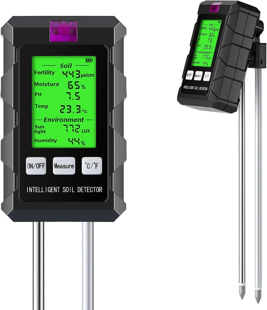 6-in-1 Soil Moisture Meter, Soil Test Kit with Soil Moisture/pH Meter/Temperature/Sunlight/Air Humidity/Soil Fertility, Soil Tester for Farming, Gardening and Outdoor Plants (2*AAA Battery Needed)