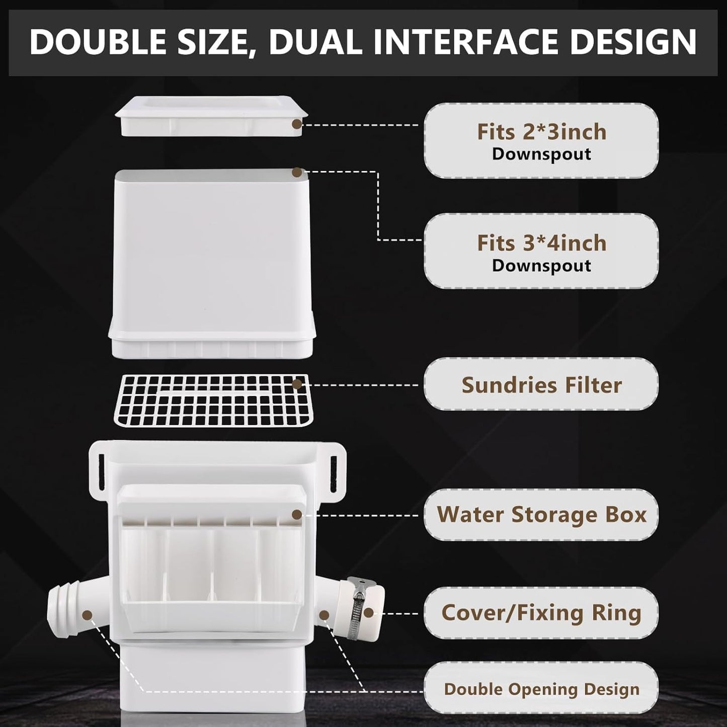 Downspout Diverter, Rain Barrel Diverter Kit-Rainwater Collection System Fits 2x3 or 3x4 Inch Downspout with Filtration and PVC Spigot, White