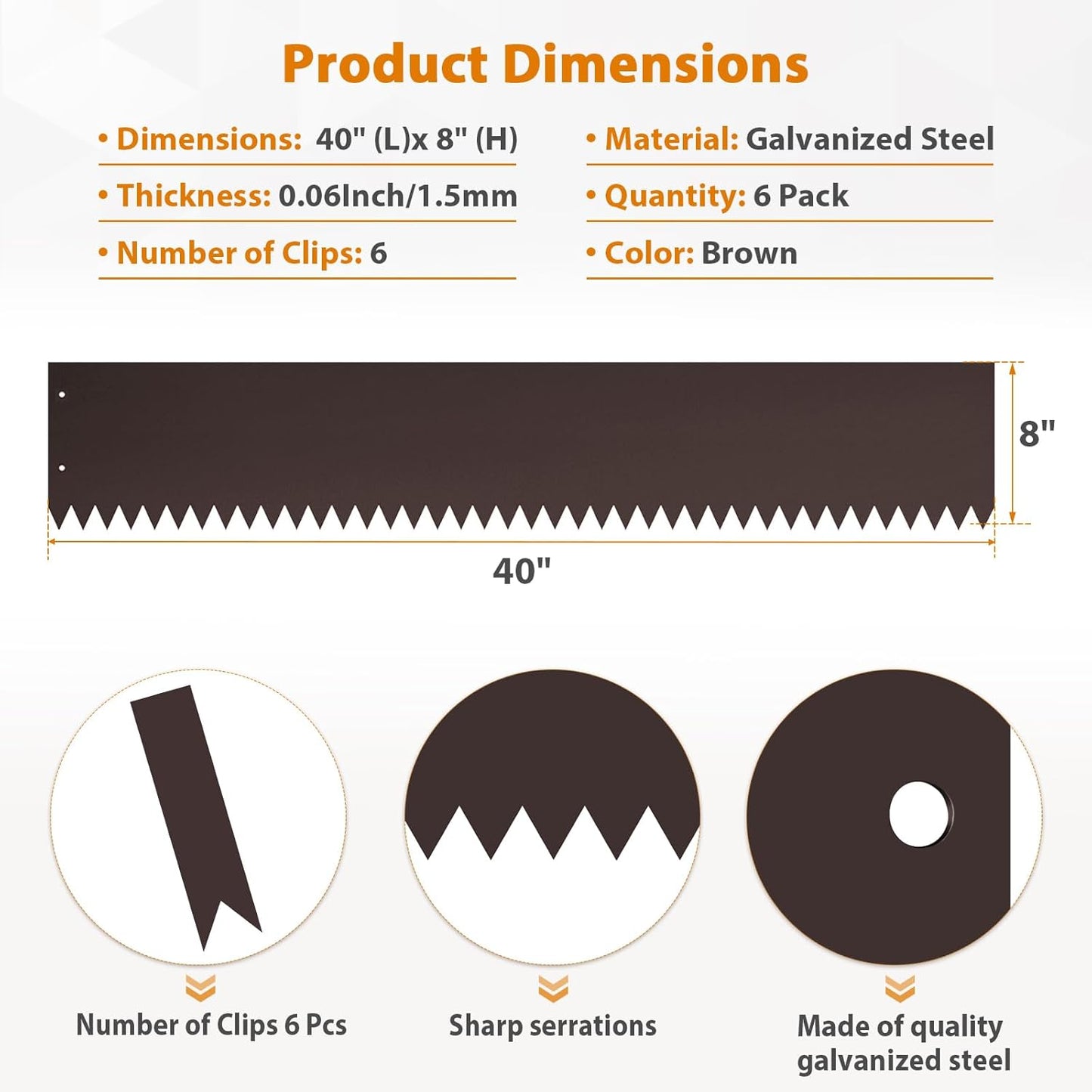 8 Inch Metal Landscape Edging, 6 Pack Heavy Duty Galvanized Steel Garden Edging, Hammer-in Metal Edging for Landscaping for Lawn, Pathway, Yard