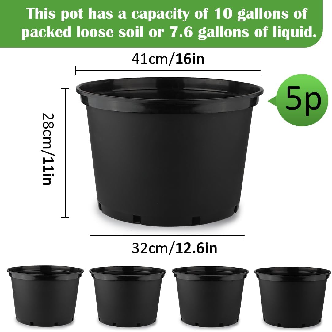 10 Gallon Plastic Nursery Pots, 16 Inch Round Plant Pots with Drainage Holes, 5 Pack Large Garden Flower Pots for Outdoor Indoor Plants, Gardening Gifts for Women, Black
