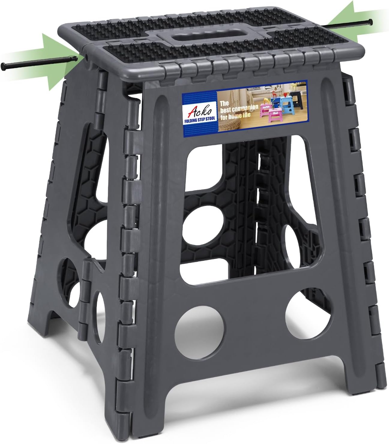 ACKO Folding Step Stool Foldable 16 Inch Stools for Adults and Kids, Plastic Stools Tall 400 lbs Capacity, Collapsible Stool for Kitchen, Stepping Foot Stool with Handle, Dot Grey, 1 PC