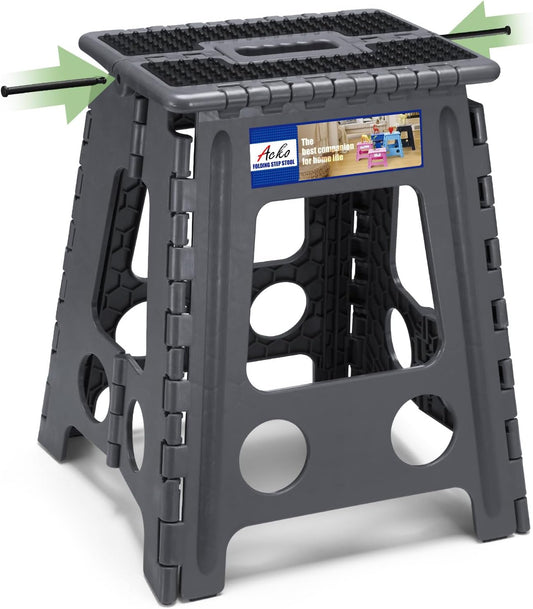 ACKO Folding Step Stool Foldable 16 Inch Stools for Adults and Kids, Plastic Stools Tall 400 lbs Capacity, Collapsible Stool for Kitchen, Stepping Foot Stool with Handle, Dot Grey, 1 PC