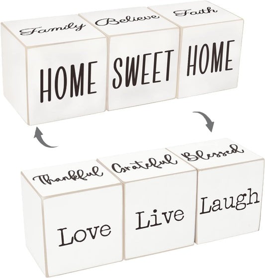 Rustic Home Decor - 4-Sided Wooden Blocks, Home Sweet Home&Thankful Grateful Blessed&Family Believe Faith&Love Live Laugh Sign, Modern Farmhouse Decorations for Shelf Tiered Tray Entryway Coffee Table