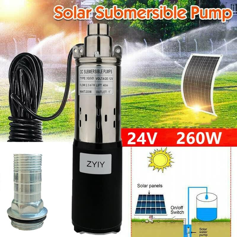 24V Stainless 3 Inch Bore 260W Solar DC Submersible Deep Well Pump Max.flow:2300L/h Max.H Lift 173.9ft Water Well Pump for Garden/Agricultural/Irrigation