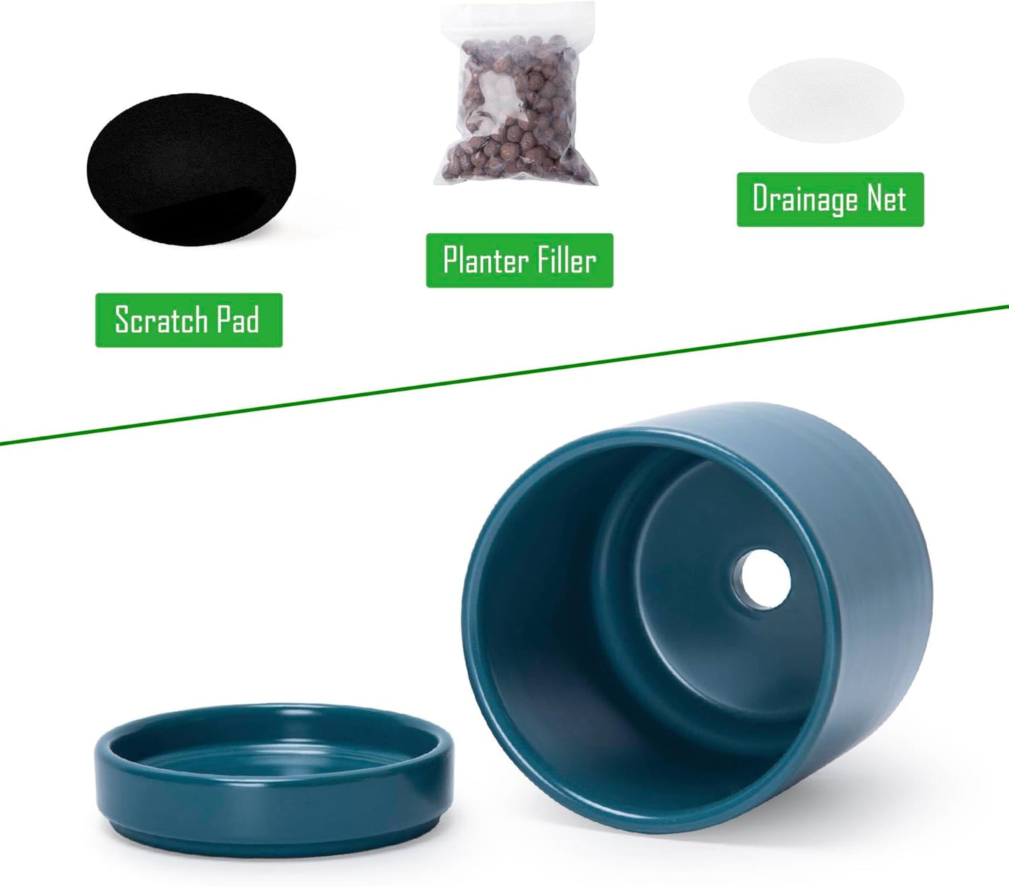 D'vine Dev 4.7 Inch Ceramic Planter Pot with Drainage Hole and Saucer, Indoor Cylinder Round Planter Pot, Teal, 94-O-B-9