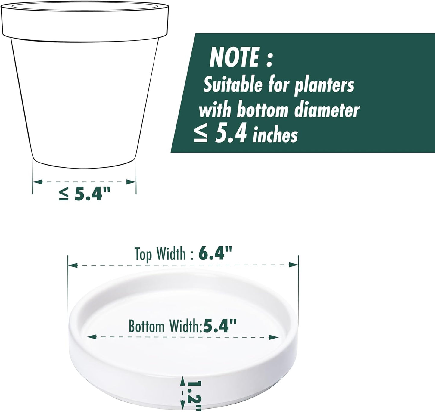 D'vine Dev Modern Round 5.4 Inch Ceramic Plant Pot Saucer, Planter Pot Drainage Tray for Indoor Plants, Set of 2, Matte White, 97-T-A-22