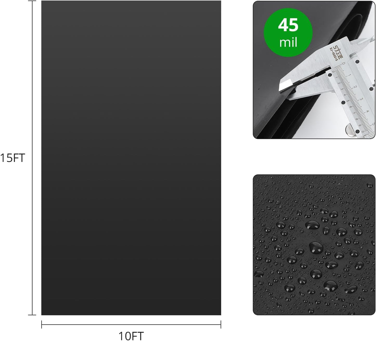 45 Mil EPDM Pond Liner 10x15ft - Fish-Safe Rubber for Outdoor Ponds, Waterfalls, Koi Fish Ponds, Landscaping - Puncture Resistant, UV Proofs, Durable, Flexible Water Barrier