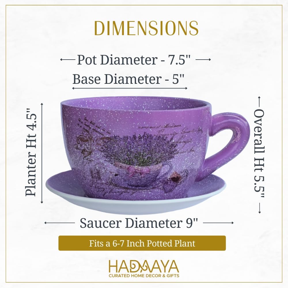 7.5” Round Ceramic Teacup Planter with Saucer – Purple Lavender Basket Design Pot for Succulents, Orchid, Herbs & Indoor/Outdoor Flowers for Birthday & Any Other Occasion