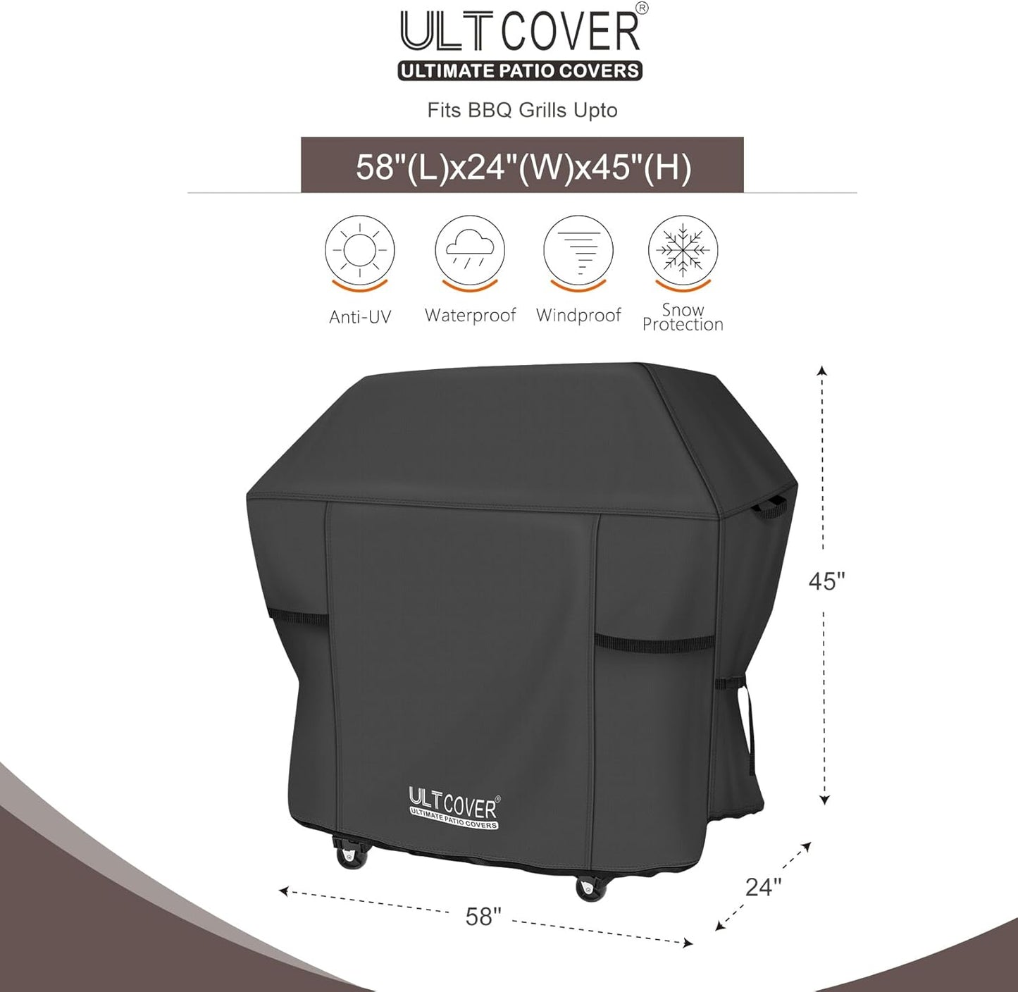 ULTCOVER Waterproof Grill Cover 58 inch, Heavy Duty BBQ Cover for 3-5 Burners Outdoor Gas Barbecue Grill, Black