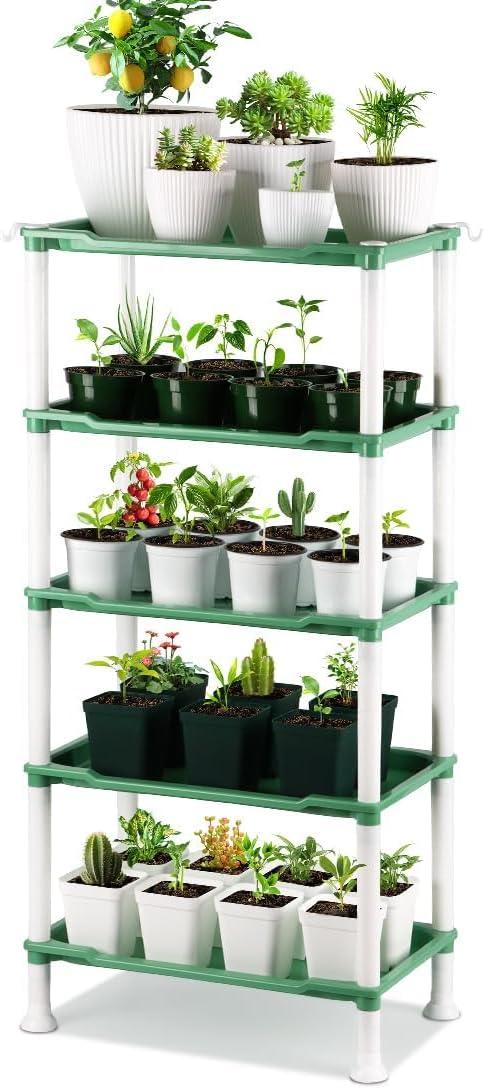 5-Tier Seed Stand with 5 Trays, Seed Starting Rack Propagation Rack Kit for Stackable Seedling Tray Seedling Staging Table for Indoor Outdoor Growing(Green)