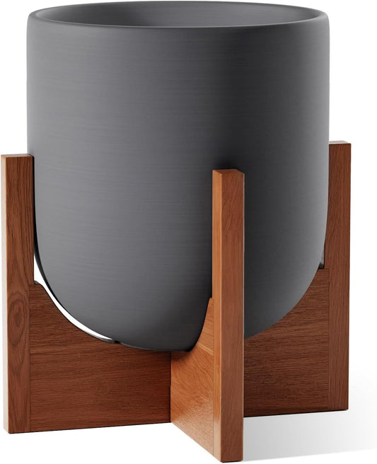 LE TAUCI 10 Inch Plant Pot with Acacia Wood Stand, Ceramic Planters for Indoor Plants, Plant Pots Indoor for Home Decor, Mid-Century Modern Pots for Plants with Drainage Hole and Plug, Charcoal Gray