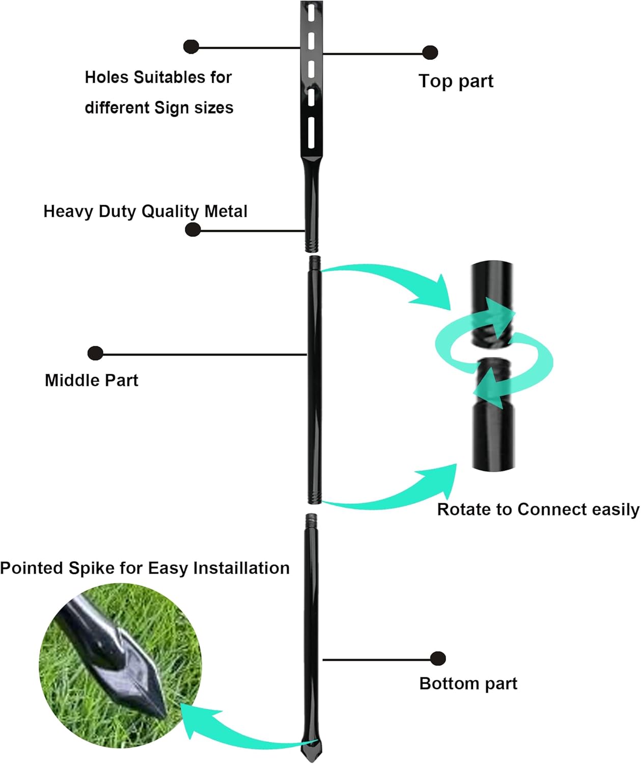 54 Inch Heavy Duty Metal Stakes for Yard Signs, Black, 2 Pack with Hardware, Outdoor Lawn Parking Event Ground Stakes