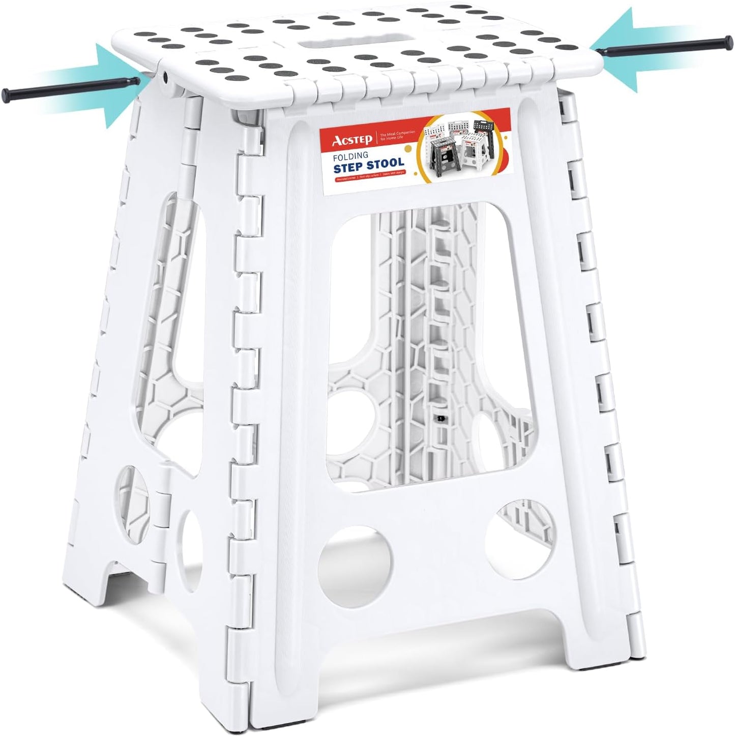 ACSTEP Folding Step Stool 17.5 Inch Heavy Duty Step Stool Foldable for Adults and Kids, Collapsible Stepping Stool with Handle, Non Slip Folding Stools for Kitchen Hold Up to 400lbs (White 1PC)