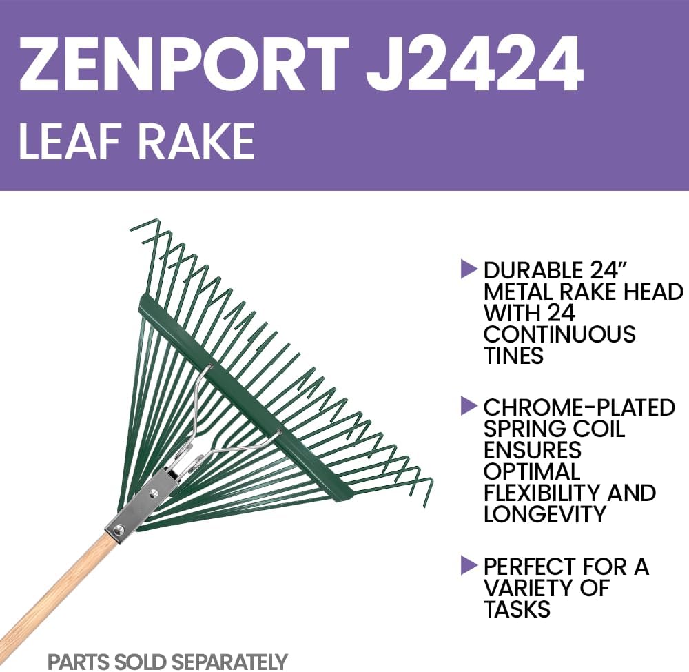 Zenport J2424 Leaf Rake with Deluxe Spring, 24-Tine, Rake Head Only, Green