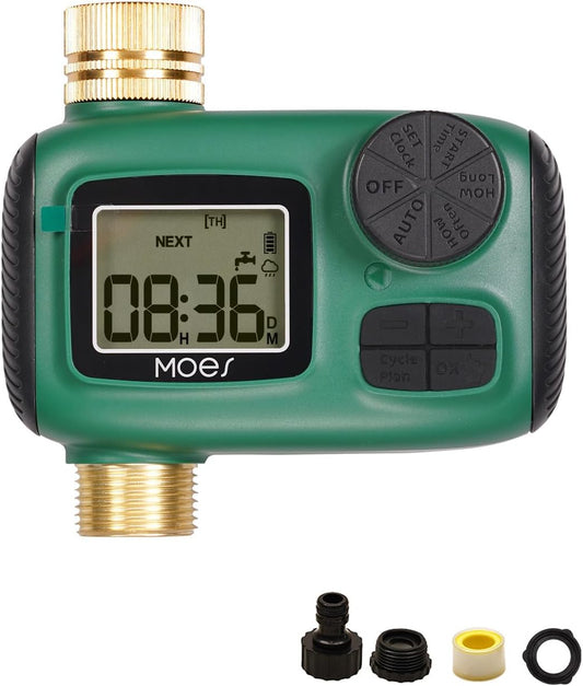 MOES Sprinkler Timer, Brass Inlet & Outlet, Programmable Automatic Irrigation Controller, Rain Delay, Manual Watering, 1 Zone Water Hose Timers for Gardens, Lawns, and Hose Systems