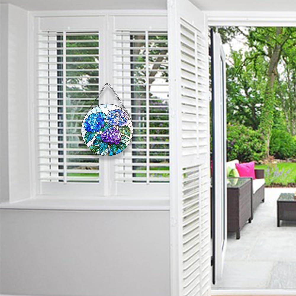 Handmade Hydrangea Flower Stained Glass Suncatcher - Vibrant Window Décor for Home/Garden,Gift-Ready Sun Catcher Art with Hook (Blue, 7.8 * 7.8IN)